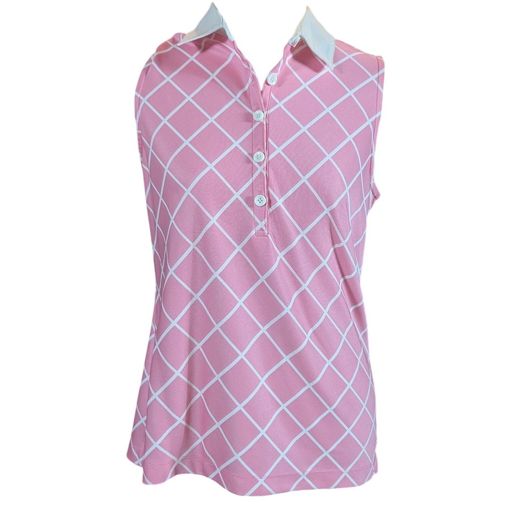 EP Pro Polo Women M Pink White Diamond Grid Tour Tech Sleeveless Golf Shirt‎